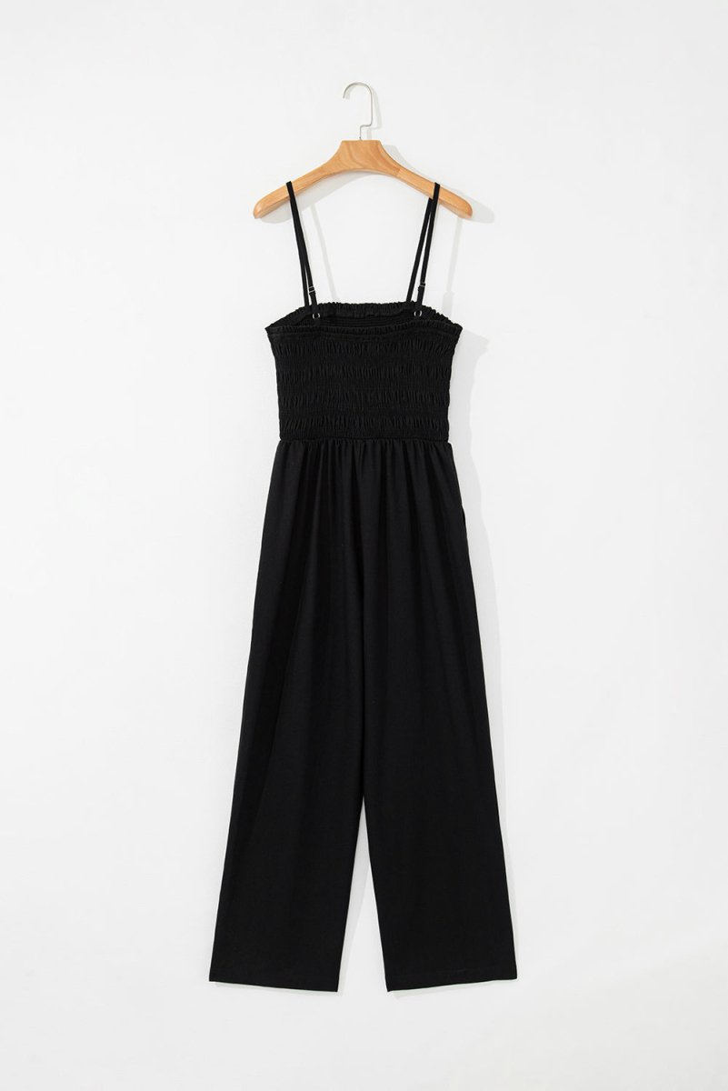 Black Spaghetti Straps Shirred Bodice Pocketed Wide Leg Jumpsuit - Love Salve