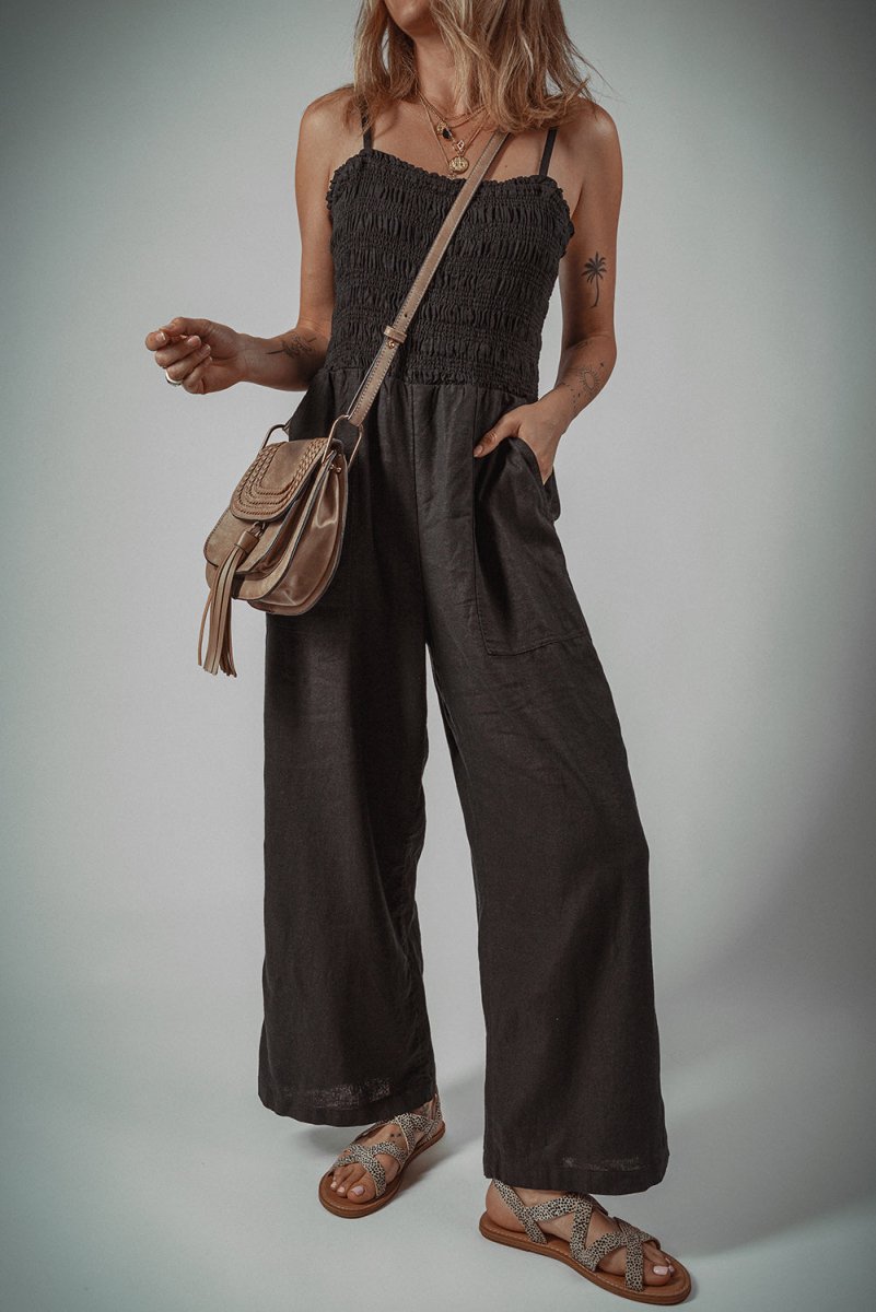 Black Spaghetti Straps Shirred Bodice Pocketed Wide Leg Jumpsuit - Love Salve