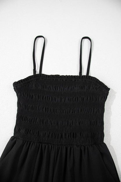 Black Spaghetti Straps Shirred Bodice Pocketed Wide Leg Jumpsuit - Love Salve