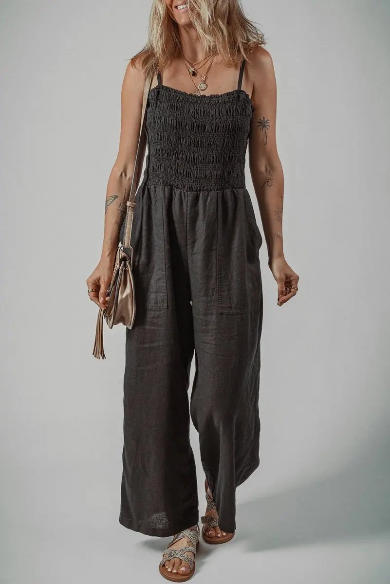 Black Spaghetti Straps Shirred Bodice Pocketed Wide Leg Jumpsuit - Love Salve 