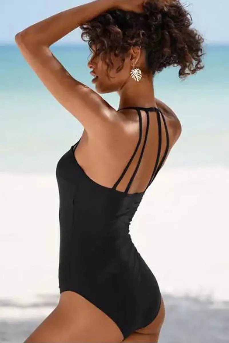 Black Strappy Halter Neck Bodycon One-Piece Swimsuit - Love Salve 