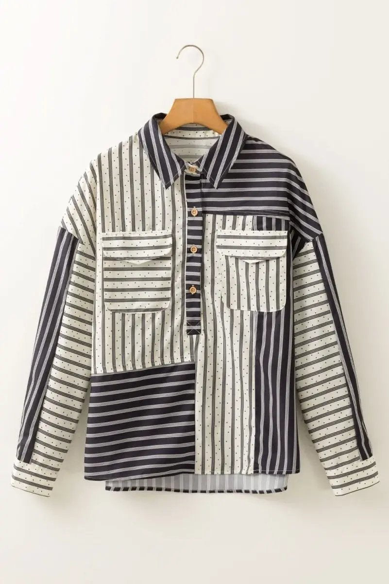 Black Stripe 2-tone Patchwork Half Buttons Chest Pockets Casual Blouse - Love Salve 