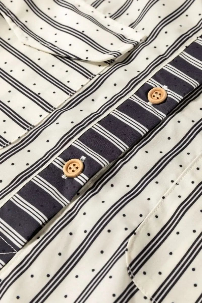 Black Stripe 2-tone Patchwork Half Buttons Chest Pockets Casual Blouse - Love Salve 