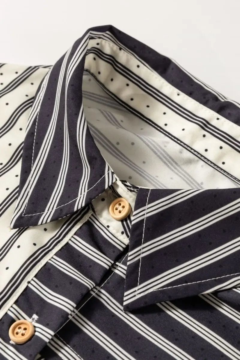 Black Stripe 2-tone Patchwork Half Buttons Chest Pockets Casual Blouse - Love Salve 