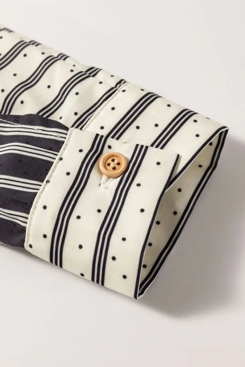 Black Stripe 2-tone Patchwork Half Buttons Chest Pockets Casual Blouse - Love Salve 