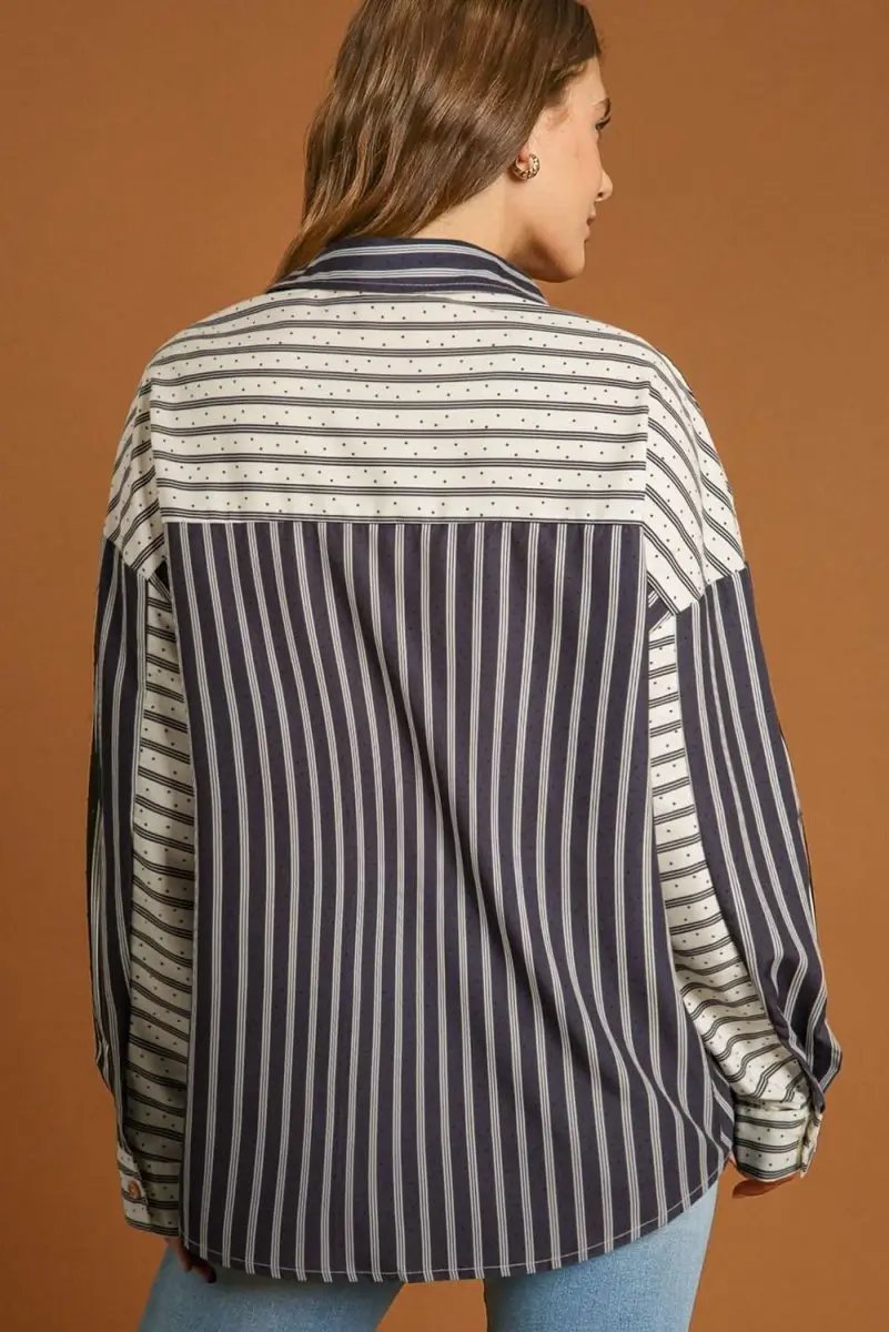 Black Stripe 2-tone Patchwork Half Buttons Chest Pockets Casual Blouse - Love Salve 
