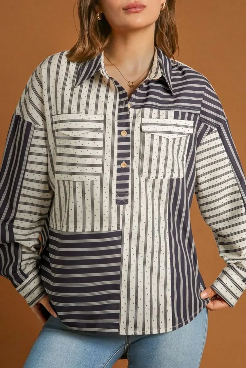 Black Stripe 2-tone Patchwork Half Buttons Chest Pockets Casual Blouse - Love Salve 