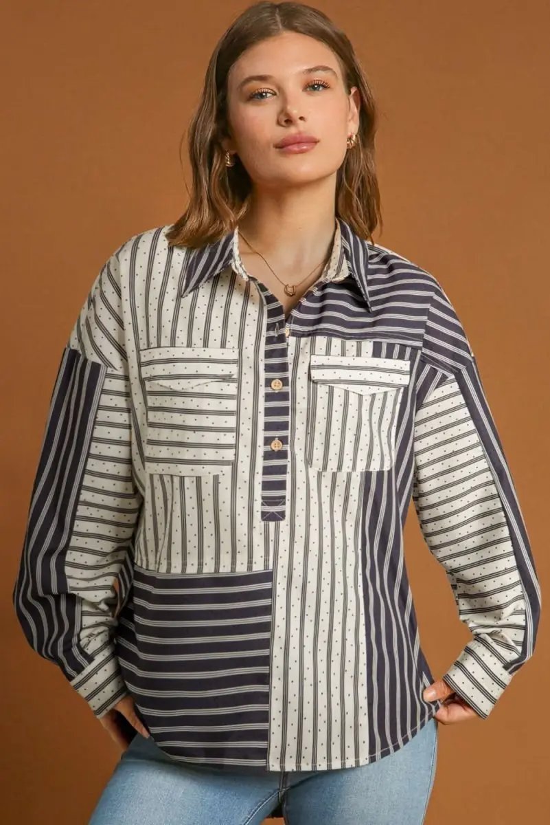 Black Stripe 2-tone Patchwork Half Buttons Chest Pockets Casual Blouse - Love Salve 