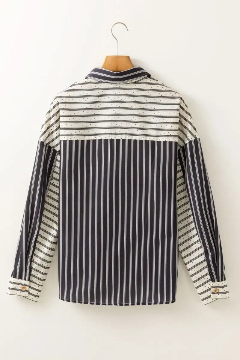 Black Stripe 2-tone Patchwork Half Buttons Chest Pockets Casual Blouse - Love Salve 