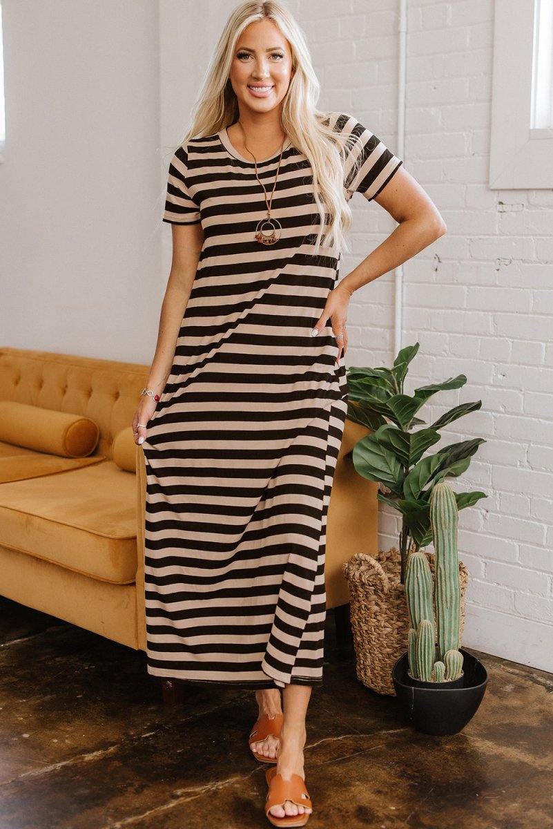 Black Stripe Casual Round Neck T-shirt Maxi Dress with Pockets - Love Salve 