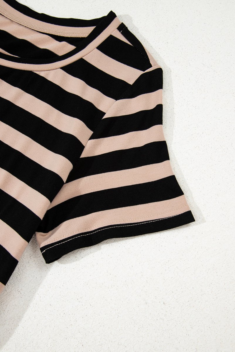 Black Stripe Casual Round Neck T-shirt Maxi Dress with Pockets - Love Salve 