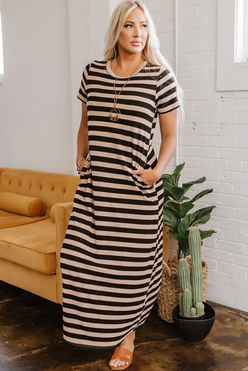 Black Stripe Casual Round Neck T-shirt Maxi Dress with Pockets - Love Salve 