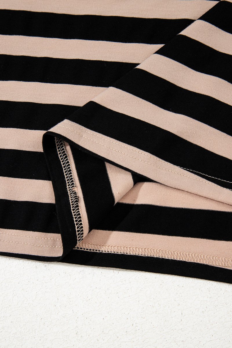 Black Stripe Casual Round Neck T-shirt Maxi Dress with Pockets - Love Salve 