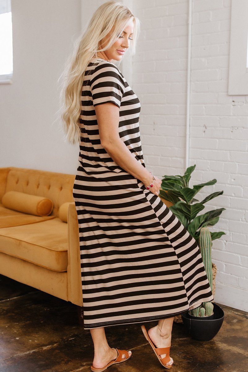 Black Stripe Casual Round Neck T-shirt Maxi Dress with Pockets - Love Salve 