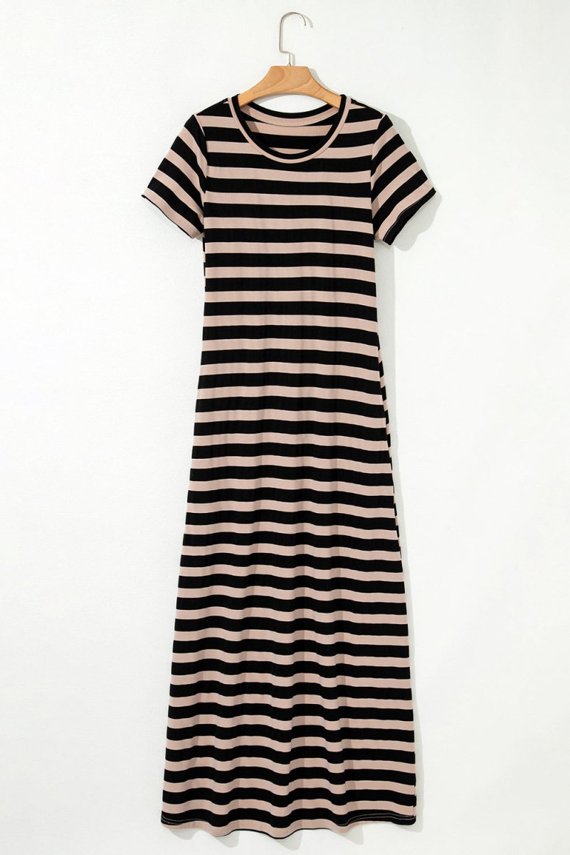Black Stripe Casual Round Neck T-shirt Maxi Dress with Pockets - Love Salve 