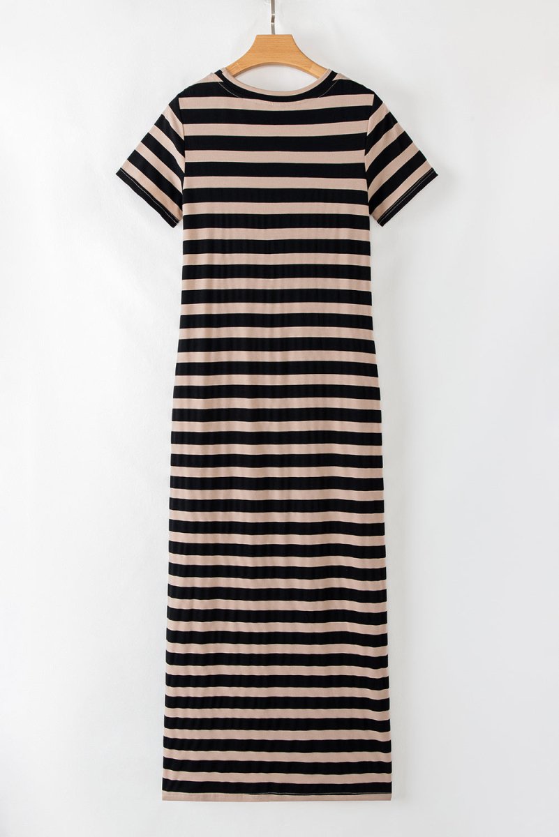 Black Stripe Casual Round Neck T-shirt Maxi Dress with Pockets - Love Salve 