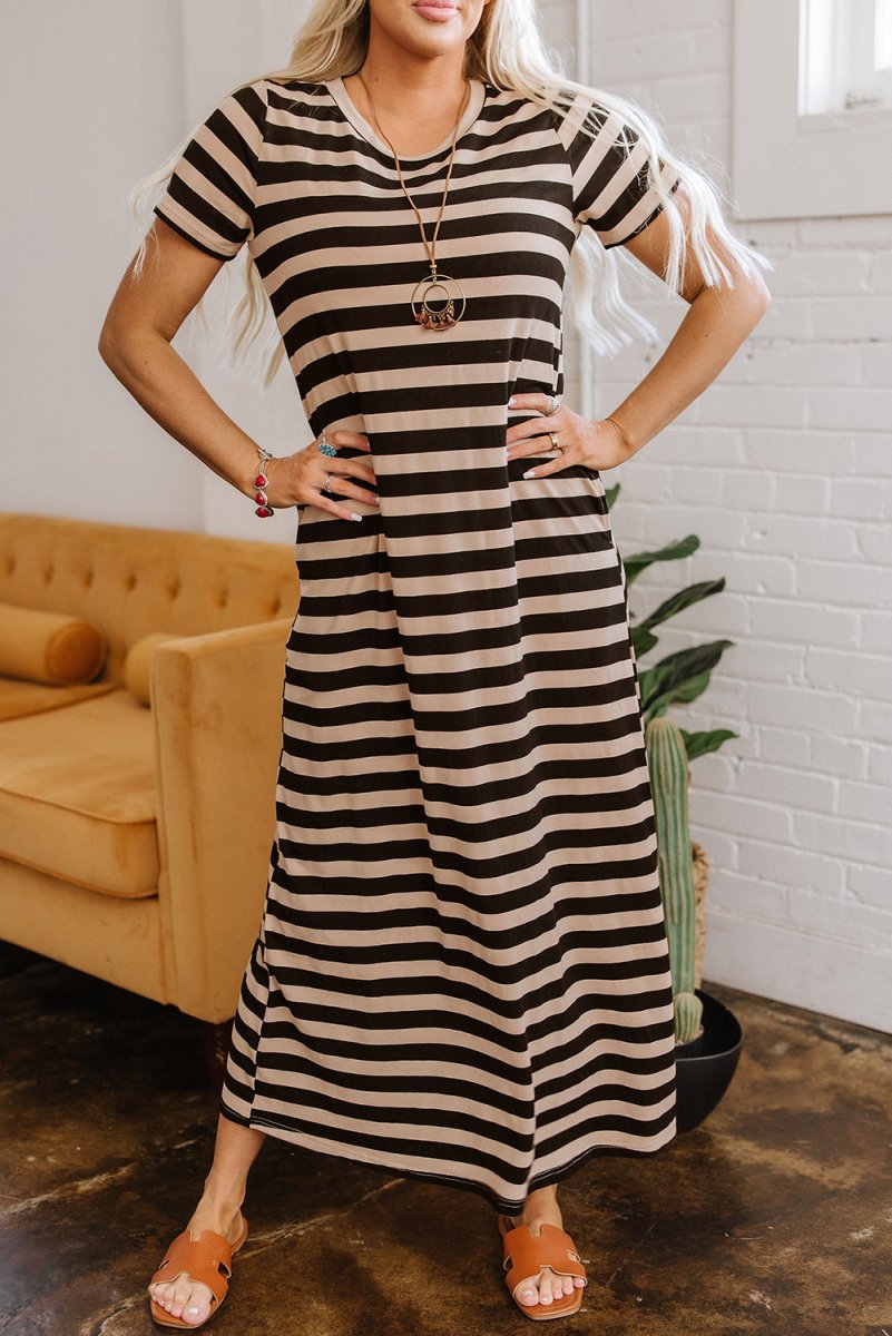 Black Stripe Casual Round Neck T-shirt Maxi Dress with Pockets - Love Salve 