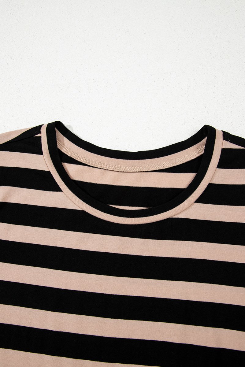 Black Stripe Casual Round Neck T-shirt Maxi Dress with Pockets - Love Salve 