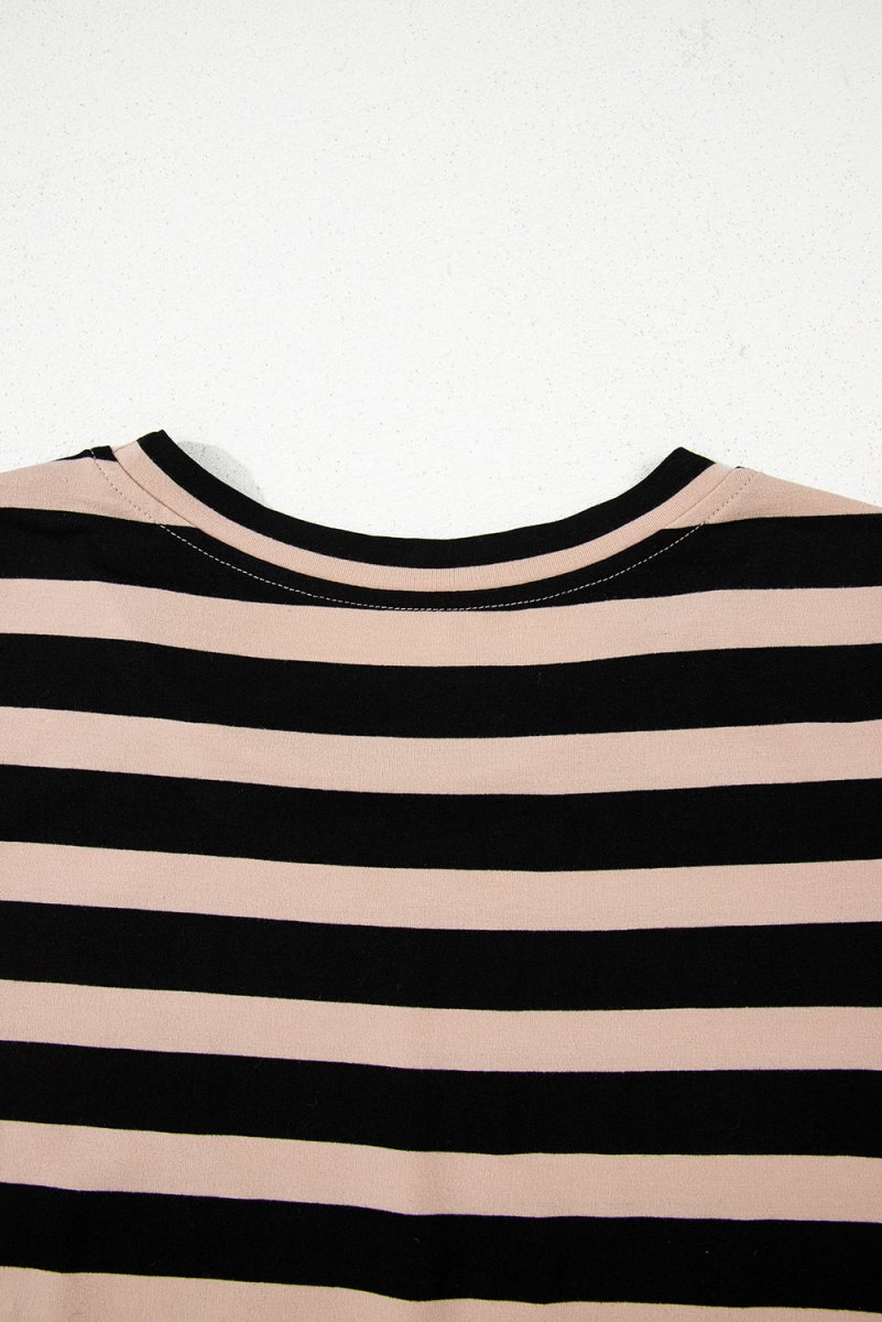 Black Stripe Casual Round Neck T-shirt Maxi Dress with Pockets - Love Salve 