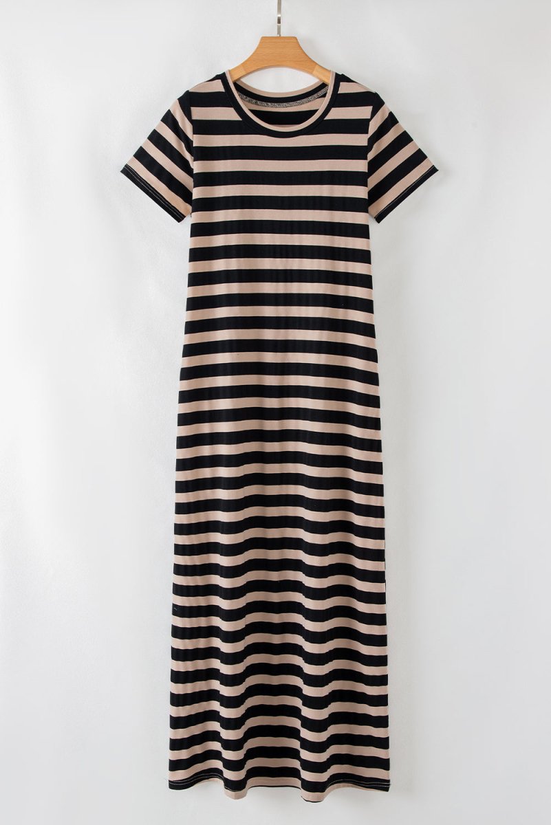 Black Stripe Casual Round Neck T-shirt Maxi Dress with Pockets - Love Salve 