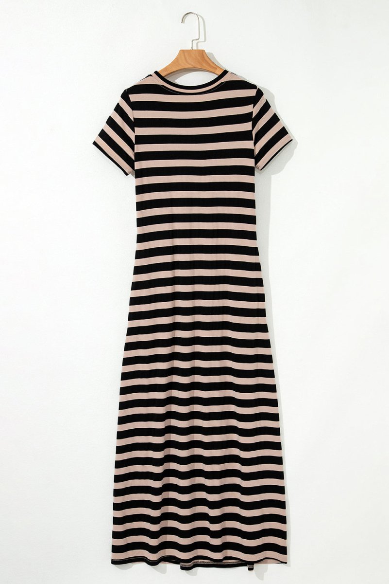 Black Stripe Casual Round Neck T-shirt Maxi Dress with Pockets - Love Salve 