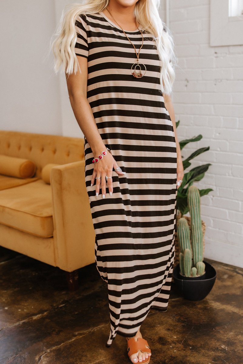 Black Stripe Casual Round Neck T-shirt Maxi Dress with Pockets - Love Salve 