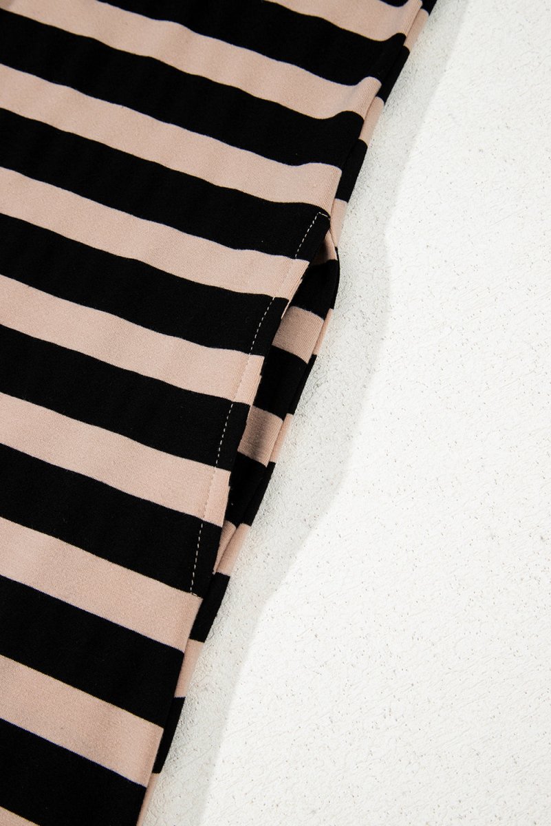Black Stripe Casual Round Neck T-shirt Maxi Dress with Pockets - Love Salve 
