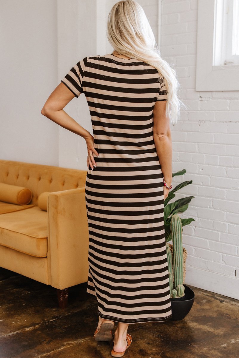 Black Stripe Casual Round Neck T-shirt Maxi Dress with Pockets - Love Salve 