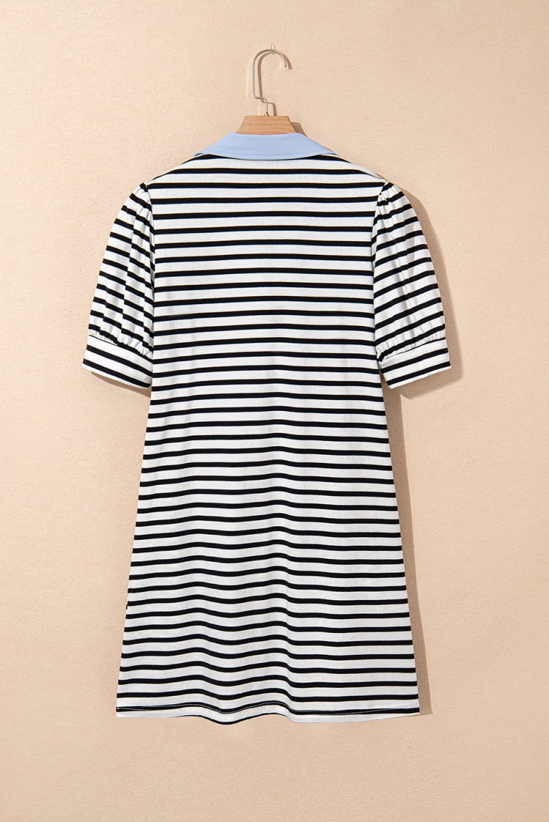 Black Stripe Contrast V Neck Collared Puff Sleeve T Shirt Mini Dress with Pockets - Love Salve 