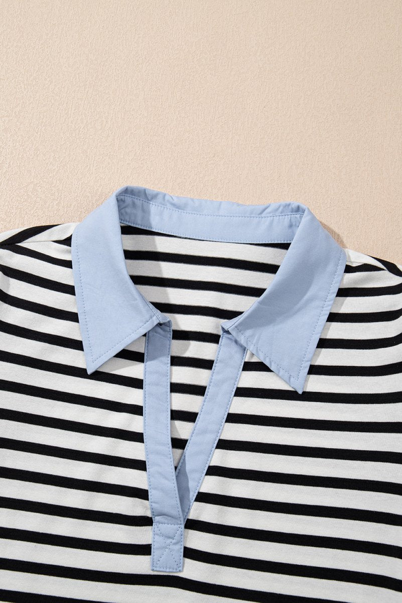 Black Stripe Contrast V Neck Collared Puff Sleeve T Shirt Mini Dress with Pockets - Love Salve 