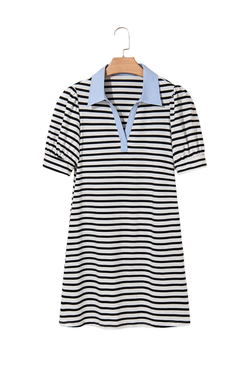 Black Stripe Contrast V Neck Collared Puff Sleeve T Shirt Mini Dress with Pockets - Love Salve 
