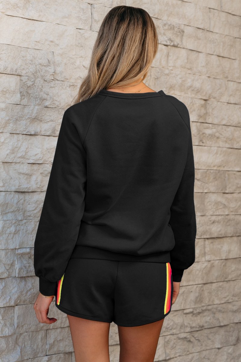 Black Striped Accent Pullover and Shorts Two Piece Set - Love Salve