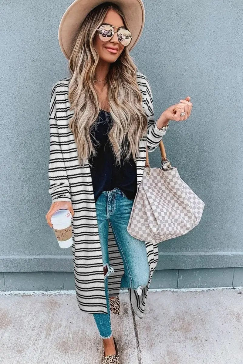 Black Striped Longline Open Duster Cardigan - Love Salve 