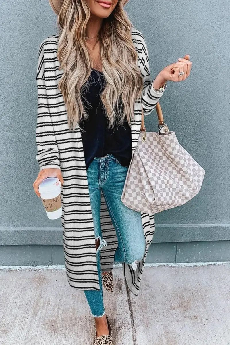 Black Striped Longline Open Duster Cardigan - Love Salve 