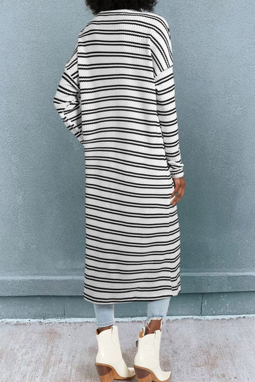 Black Striped Longline Open Duster Cardigan - Love Salve