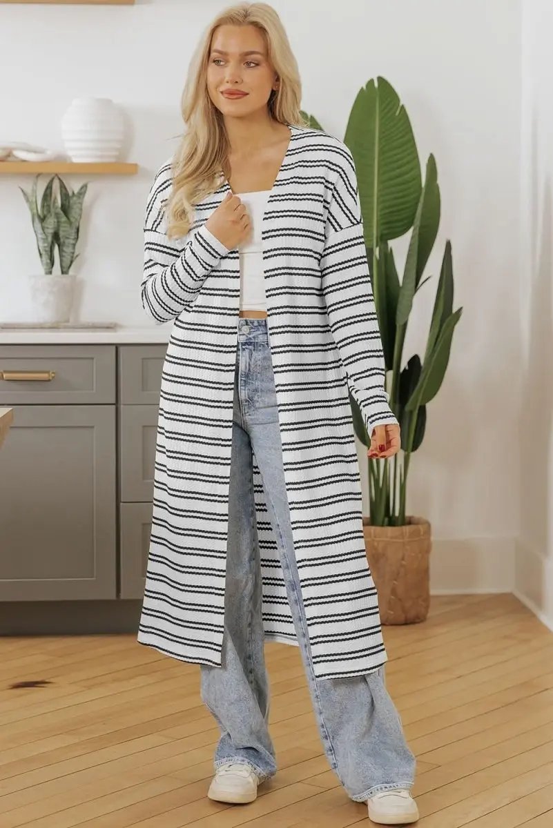 Black Striped Longline Open Duster Cardigan - Love Salve 