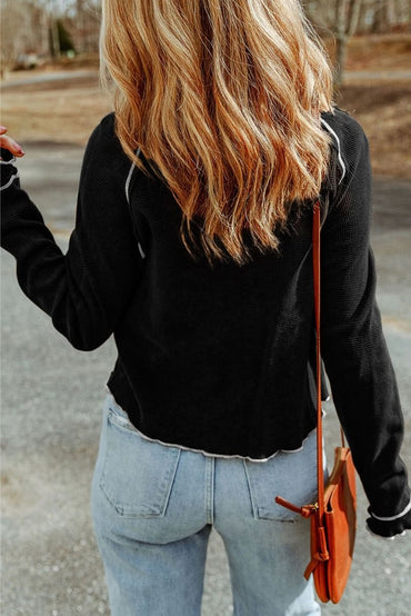 Black Textured Round Neck Long Sleeve Top - Love Salve
