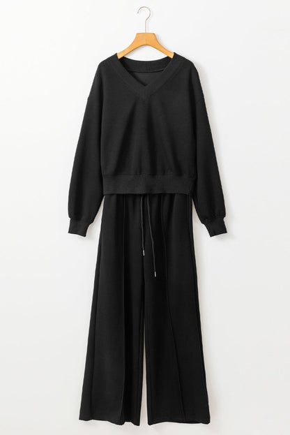 Black V Neck Cropped Seamed High Waist Sports Wear Set - Love Salve 
