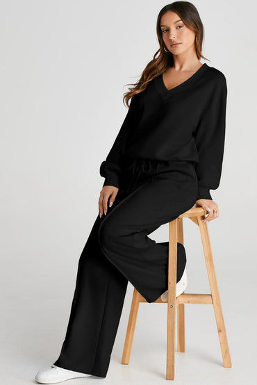 Black V Neck Cropped Seamed High Waist Sports Wear Set - Love Salve 
