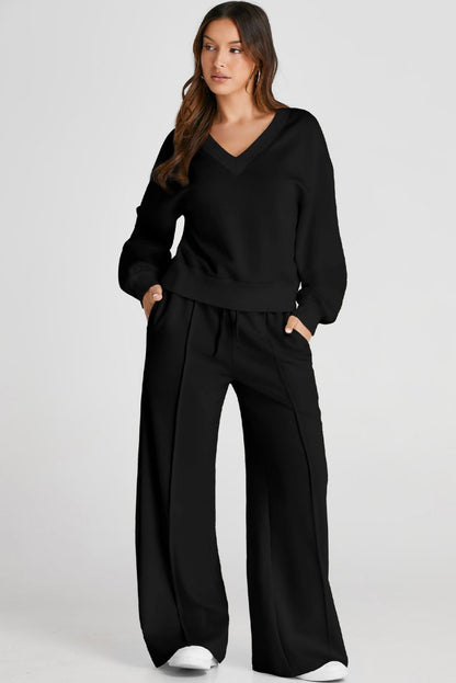 Black V Neck Cropped Seamed High Waist Sports Wear Set - Love Salve 