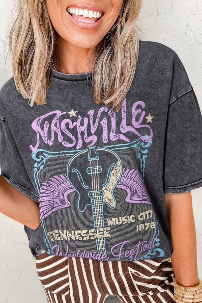 Black Vintage Nashville Tennessee Graphic Mineral Washed Tee - Love Salve 
