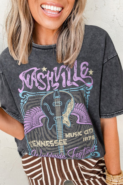 Black Vintage Nashville Tennessee Graphic Mineral Washed Tee - Love Salve 