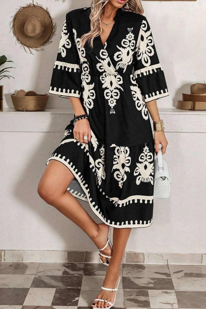 Black Western Geometric Print 3/4 Sleeve Loose Midi Dress - Love Salve 