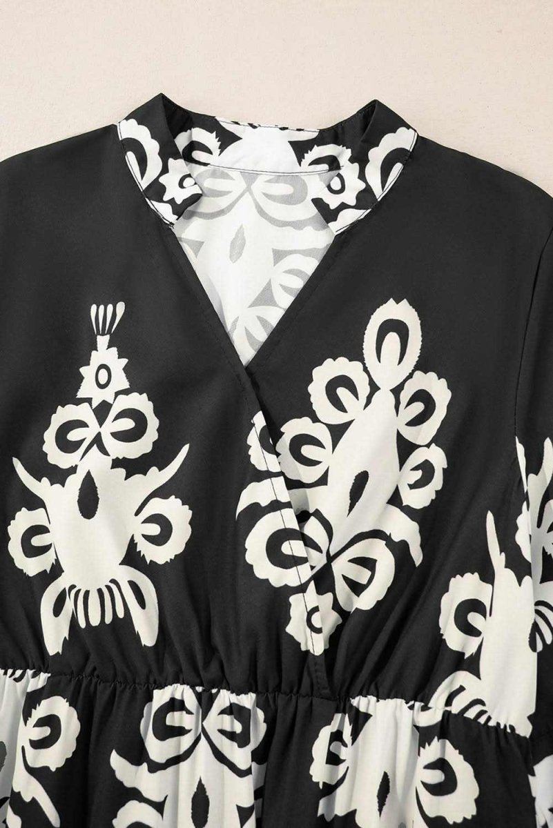 Black Western Geometric Print 3/4 Sleeve Loose Midi Dress - Love Salve 