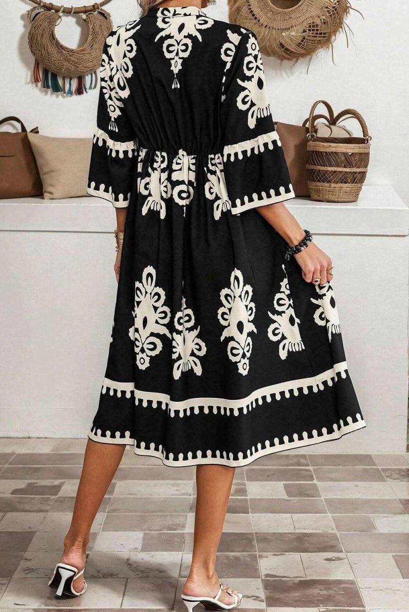 Black Western Geometric Print 3/4 Sleeve Loose Midi Dress - Love Salve 