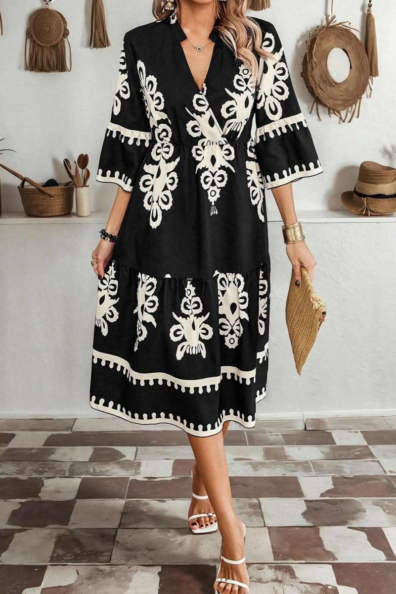 Black Western Geometric Print 3/4 Sleeve Loose Midi Dress - Love Salve 