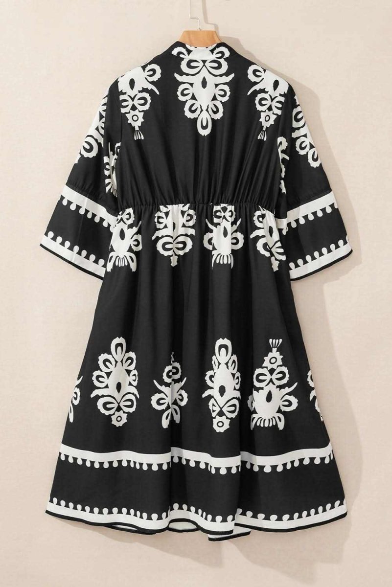 Black Western Geometric Print 3/4 Sleeve Loose Midi Dress - Love Salve 