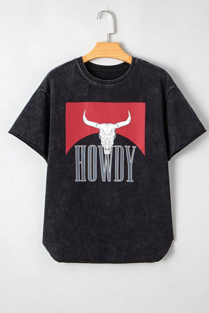 Black Western HOWDY Steer Head Print Side Slits T Shirt - Love Salve 