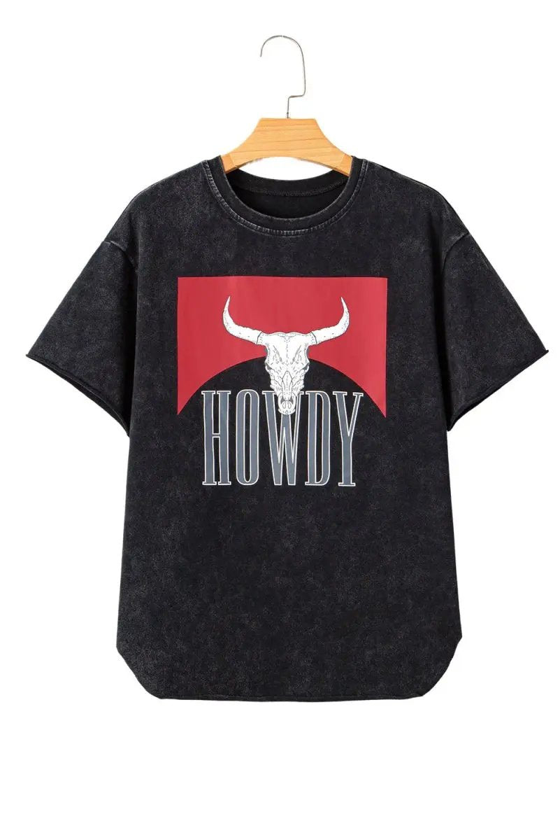 Black Western HOWDY Steer Head Print Side Slits T Shirt - Love Salve 