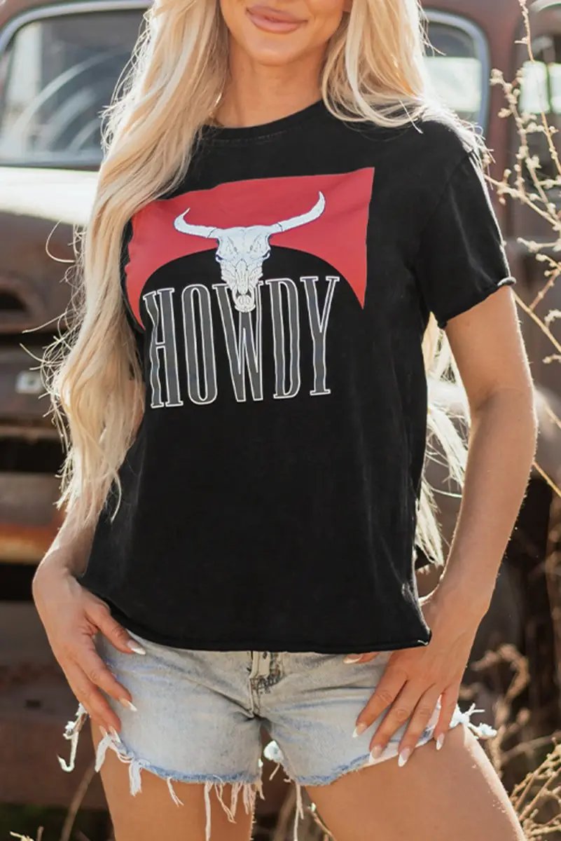 Black Western HOWDY Steer Head Print Side Slits T Shirt - Love Salve 